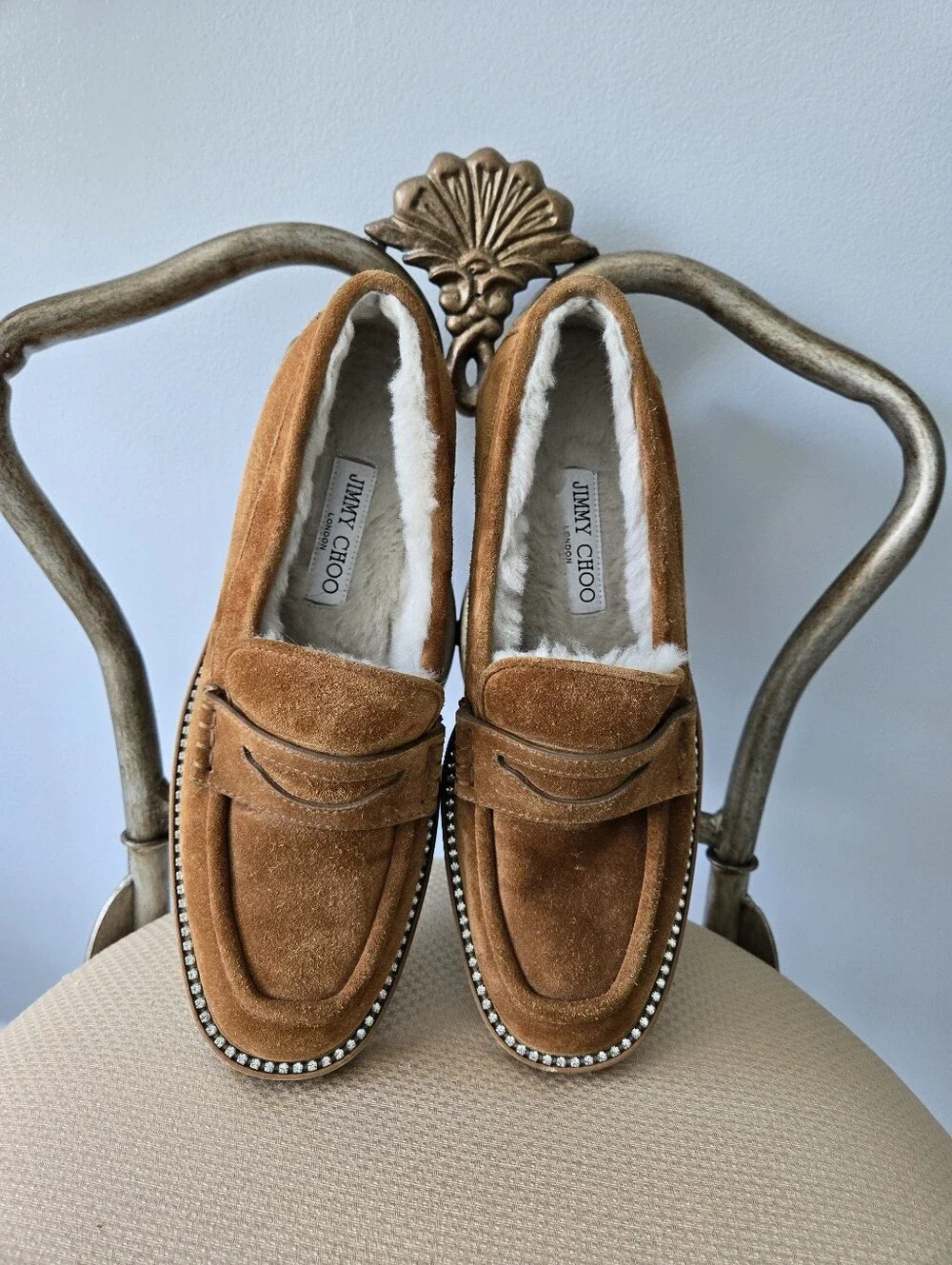 Jimmy Choo Brown Suede Crystal Embellishments Loafers, Size 39.5 - Picture 4 of 12
